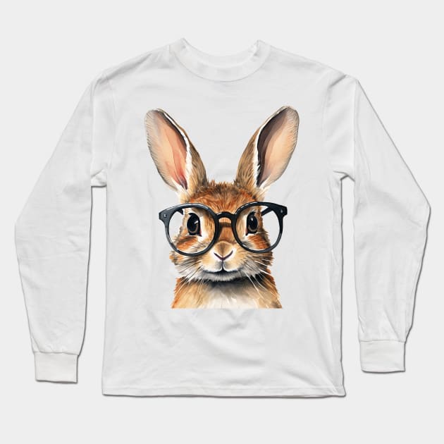 Watercolor Portrait Cute Rabbit With Glasses Long Sleeve T-Shirt by Arabic calligraphy Gift 